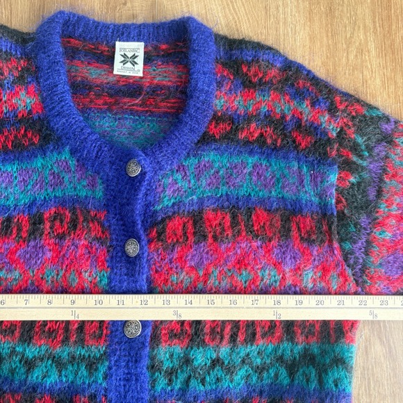 MOHAIR Icelandic Design Fair Isle Cardigan Sweater Fuzzy Wool Holiday Festive L - Picture 7 of 8